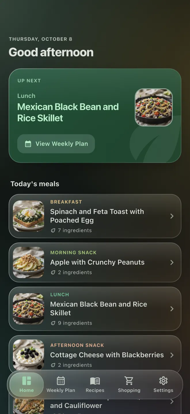 The home screen of the iPhone app in the dark theme