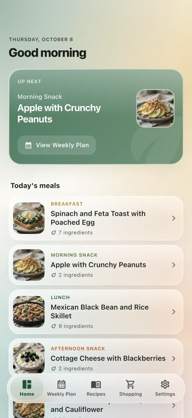 The iPlan Meal app on iPhone showing today's meals