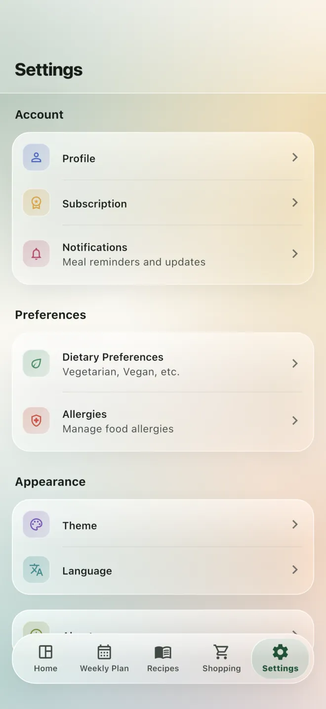 The settings of the iPhone app: profile, subscription, meal reminders, dietary preferences, allergies, theme and language