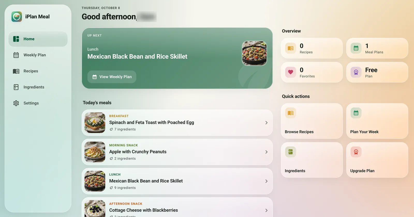 The iPlan Meal web app on a desktop: the next meal, today's five meals and an overview of recipes and meal plans