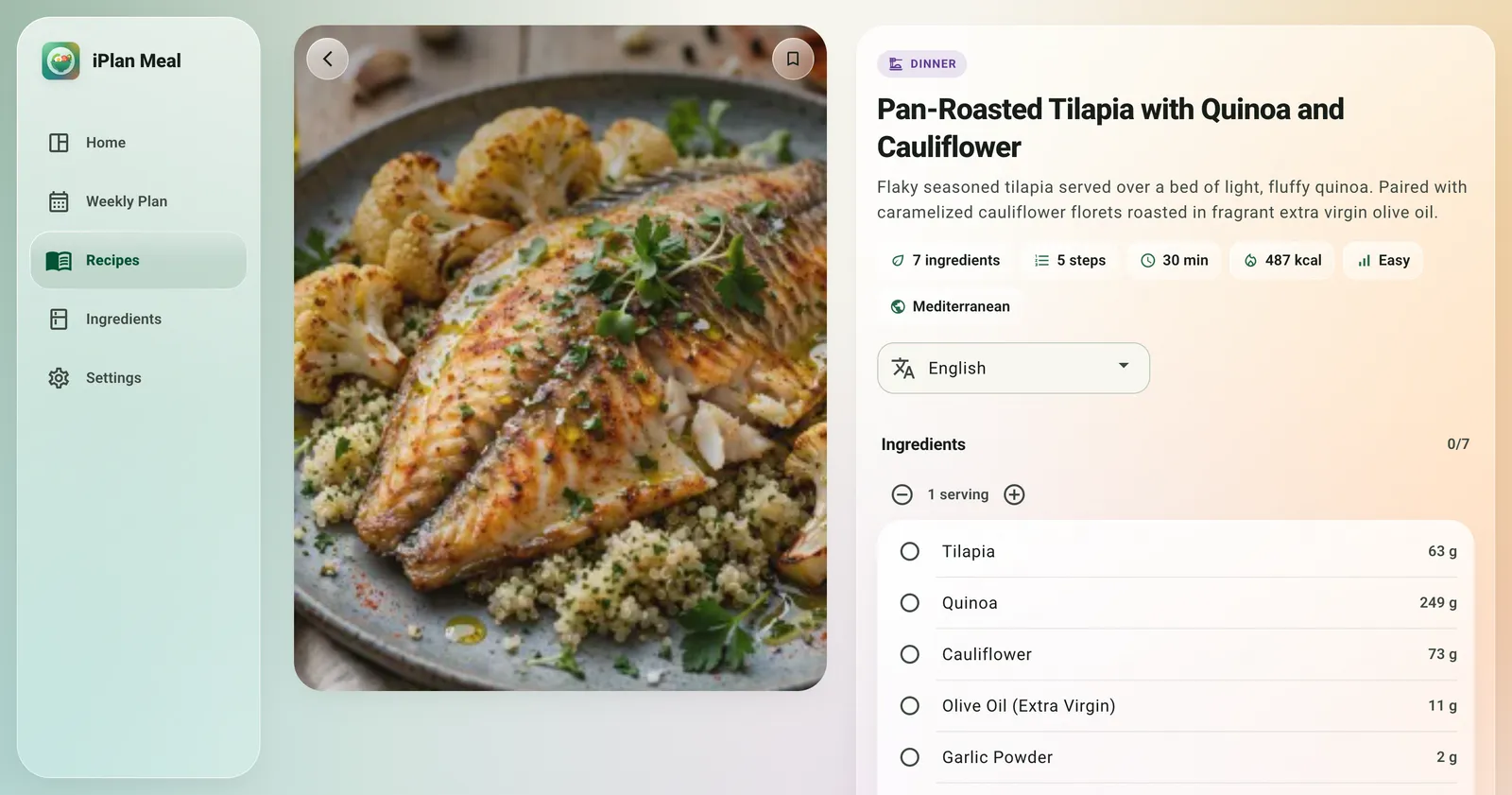 A recipe on the web: a photo of pan-roasted tilapia with quinoa and cauliflower next to its ingredients and servings