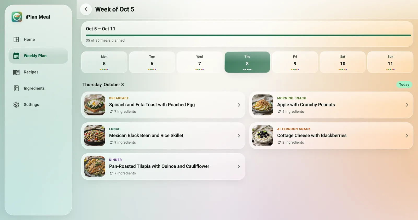 A week plan on the web: seven days to pick from and the five meals of the chosen day